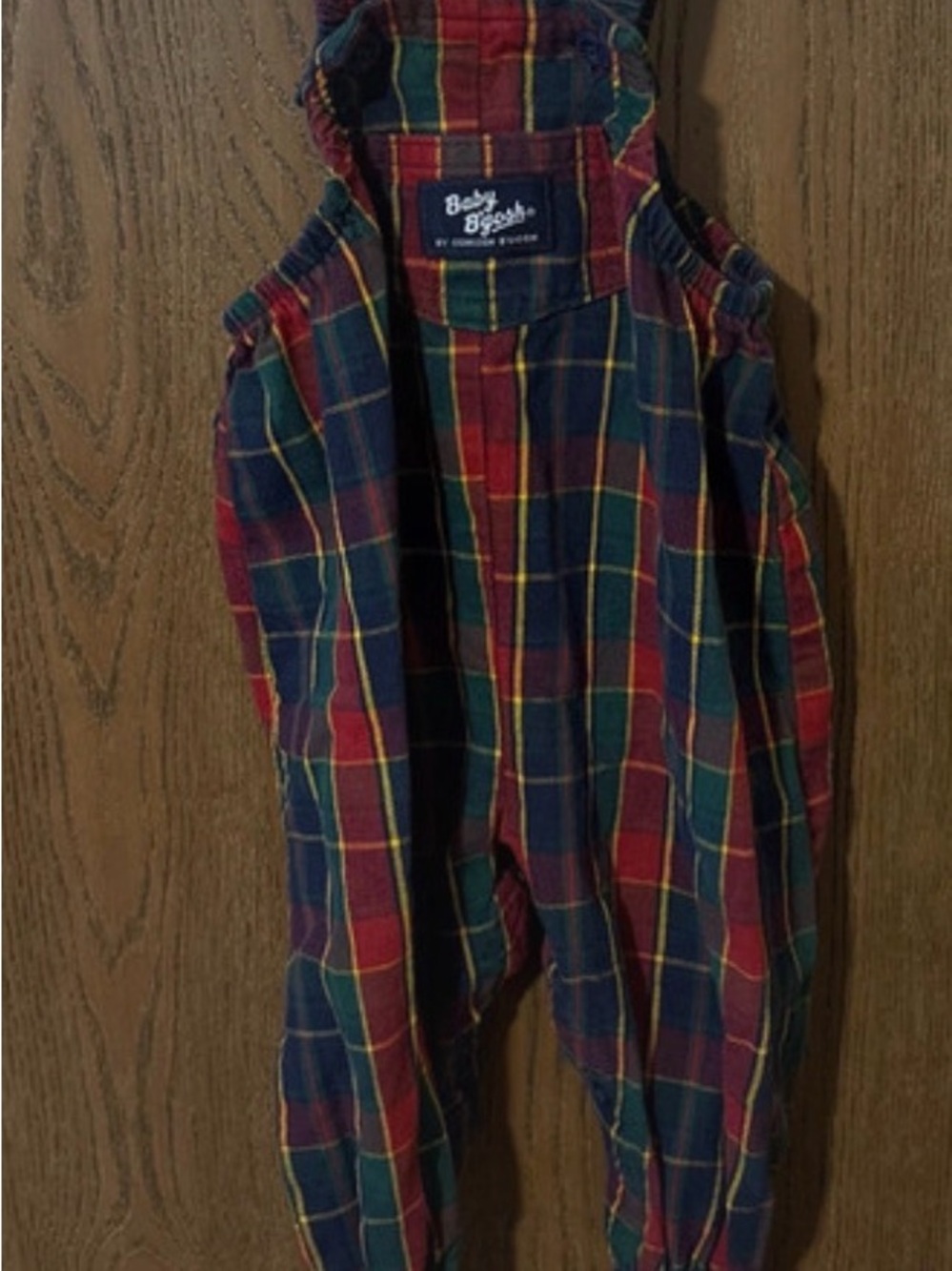 Vintage paper tag OshKosh B'gosh Plaid Overalls in Red, Green & Navy